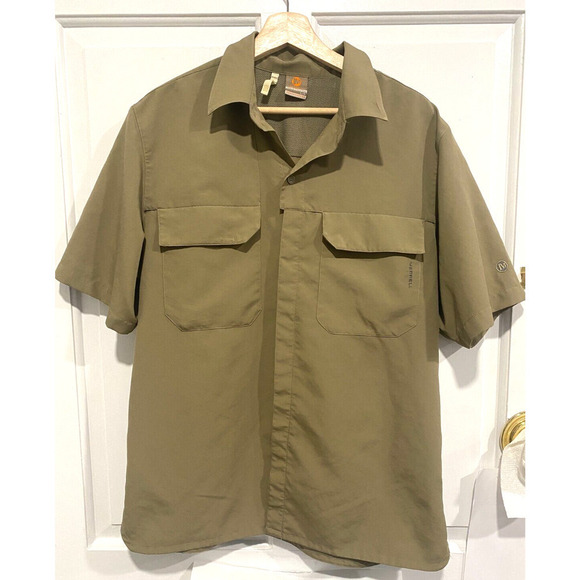 Merrell Men's beige short sleeve athletic button front shirt Large - Picture 1 of 6